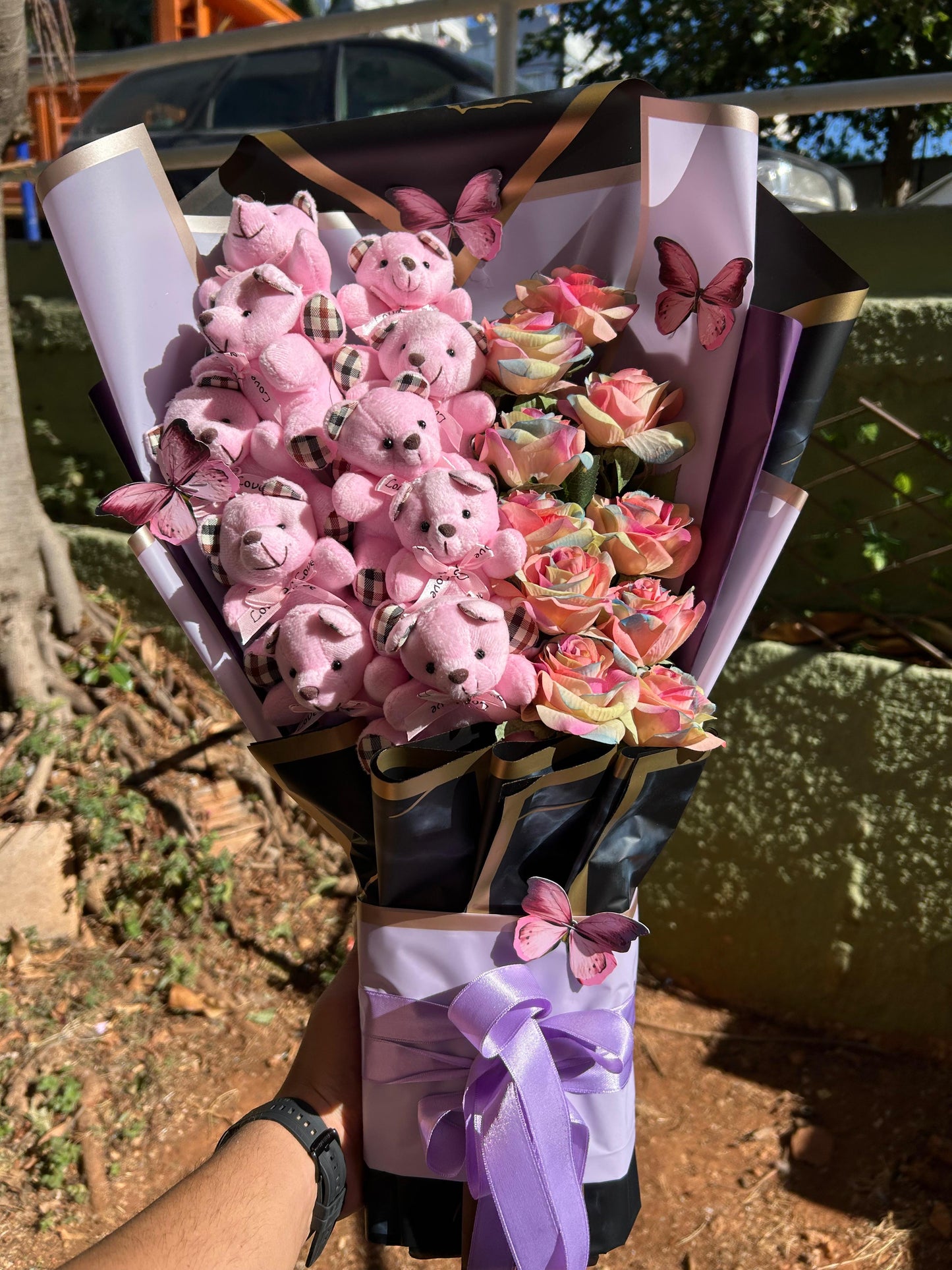 10 Ayıcıklı 10 Demet Güllü Dev Ayıcık Buketi