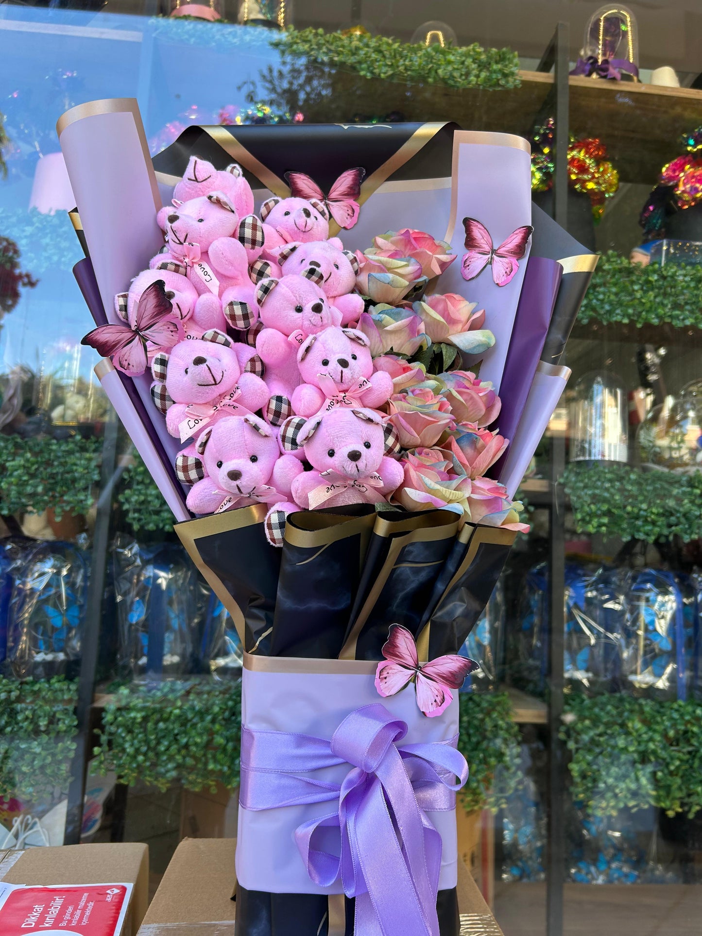 10 Ayıcıklı 10 Demet Güllü Dev Ayıcık Buketi