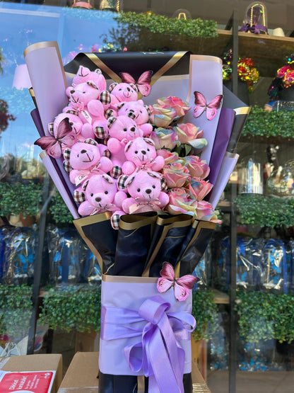 10 Ayıcıklı 10 Demet Güllü Dev Ayıcık Buketi