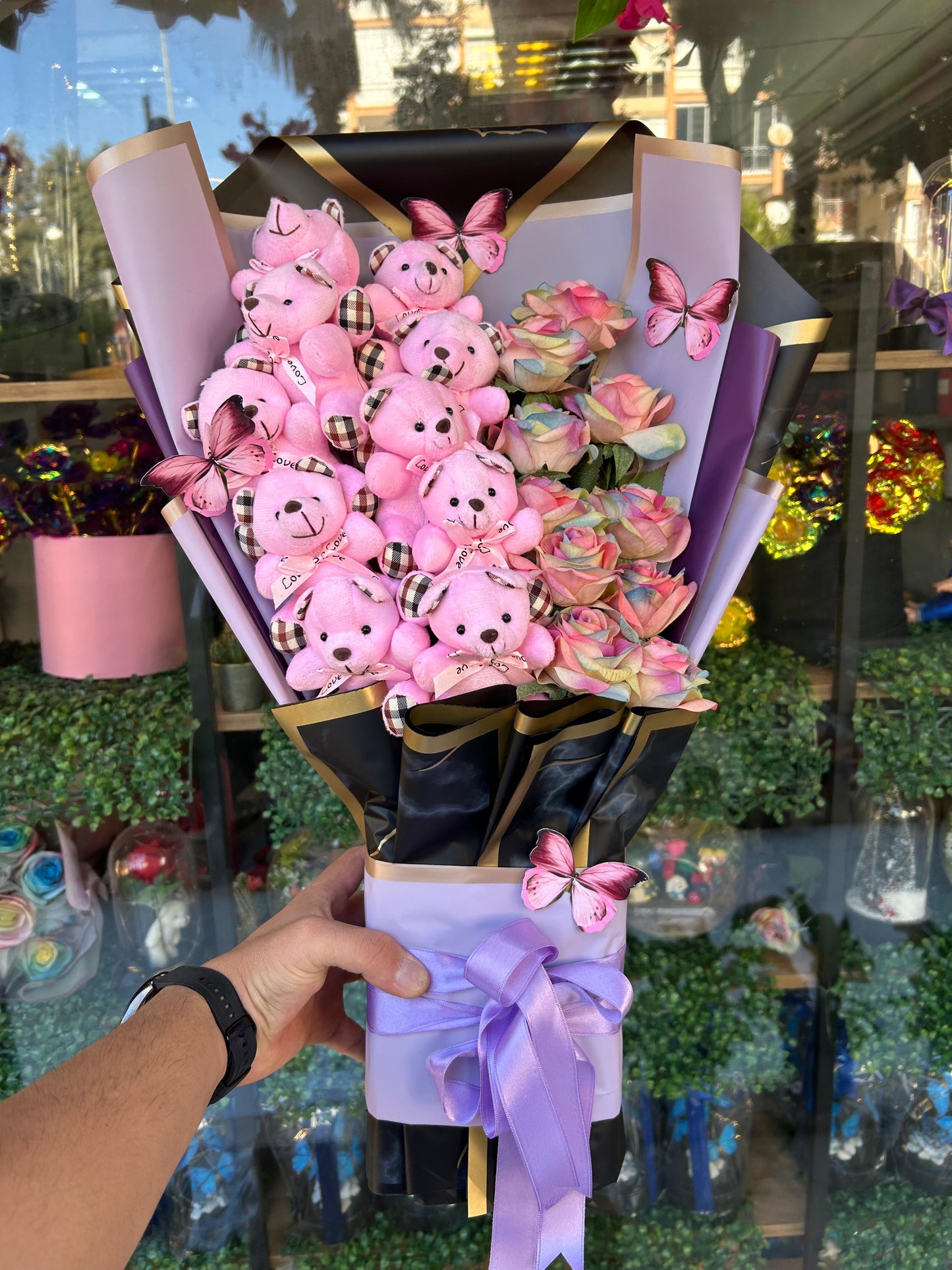 10 Ayıcıklı 10 Demet Güllü Dev Ayıcık Buketi